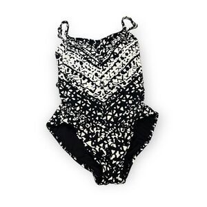 Women's Aqua Green Black & White Print Lace Up Back One Piece Swimsuit